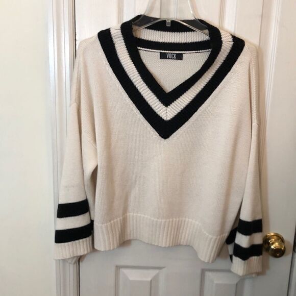 VOCK v-neck oversized sweater. White w/ Black Trim Pit to Pit 25" Preworn - Picture 1 of 7